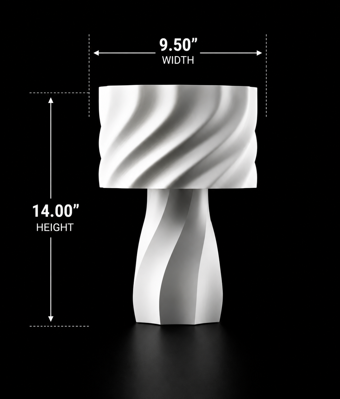 White lamp with dimensions labeled on a black background