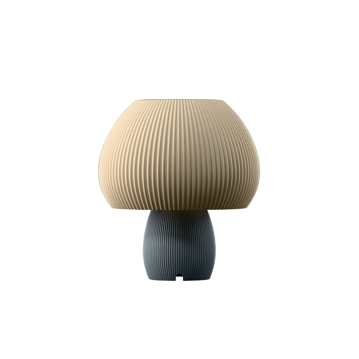 A modern mushroom-shaped table lamp with a pleated beige shade and a ribbed dark gray-blue base, centered on a plain white background.
