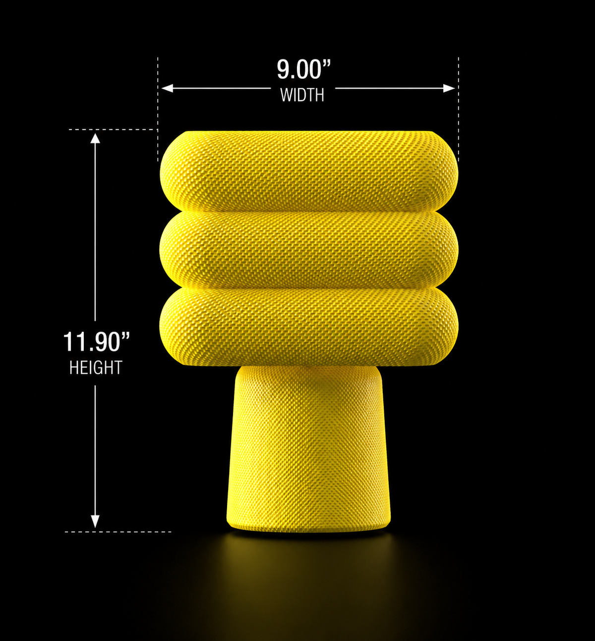Yellow mesh textured lamp with dimensions labeled on a black background