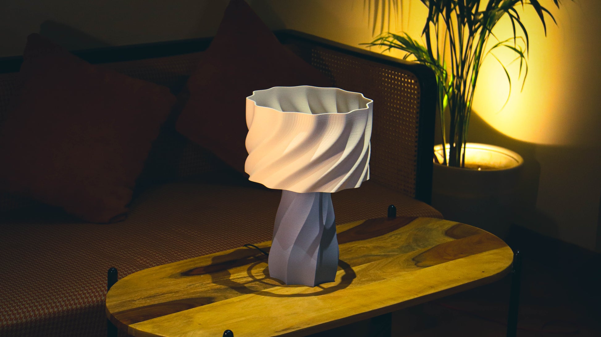 Aurelia Lamp - twisted white spiral column with ribbed cylindrical top
