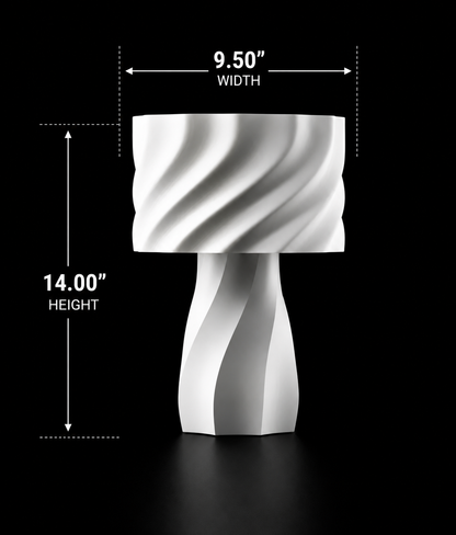 White lamp with dimensions labeled on a black background