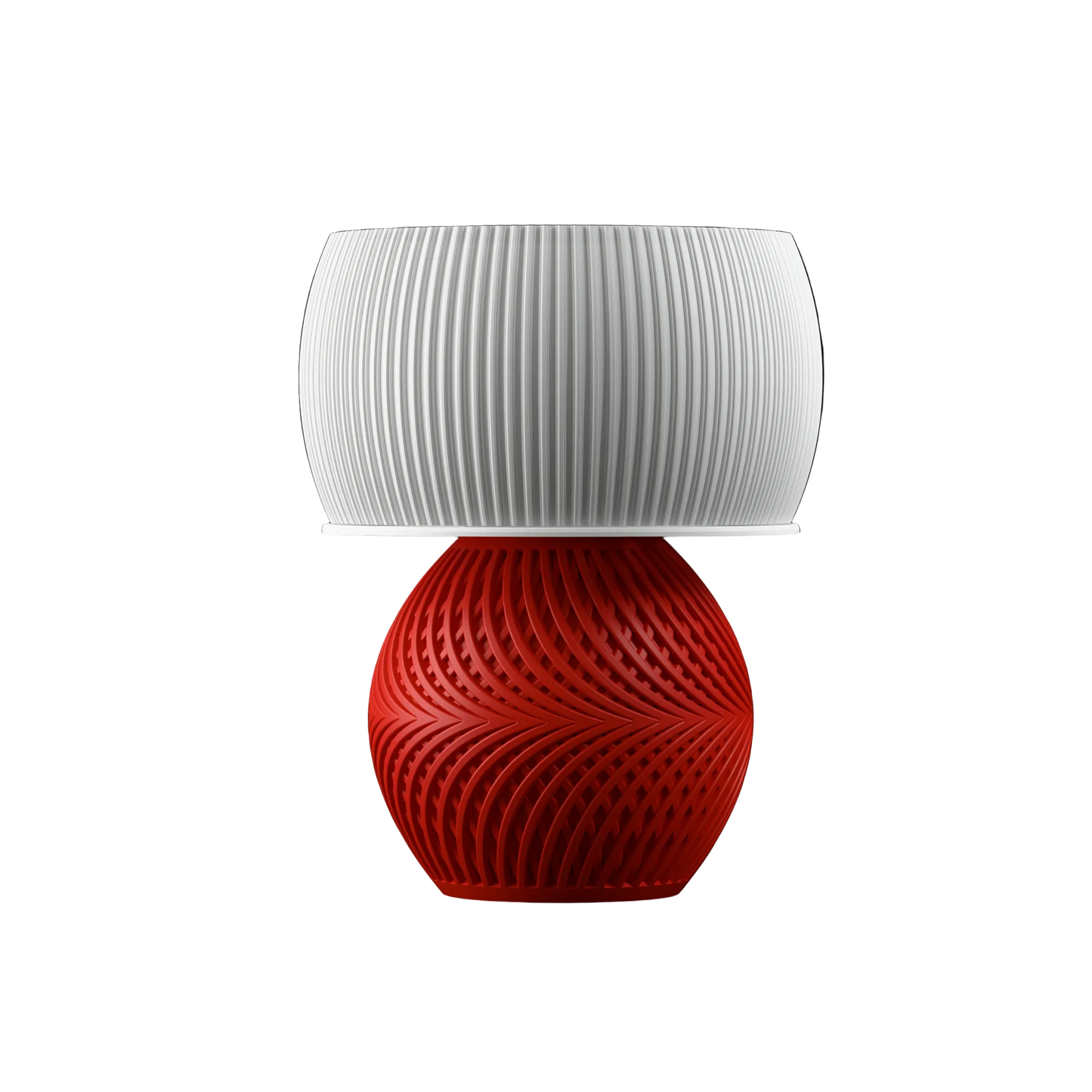 Table lamp with a white ribbed shade and red base