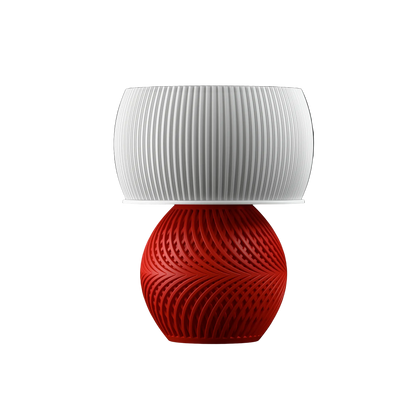 Table lamp with a white ribbed shade and red base