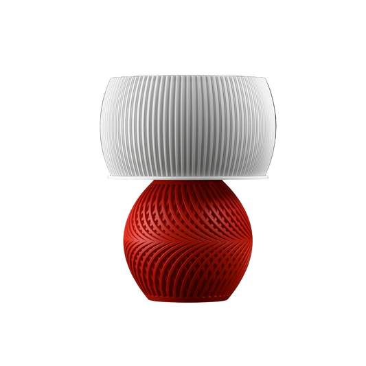Table lamp with a white ribbed shade and red base