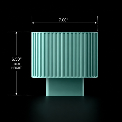 Teal lamp with dimensions on a black background