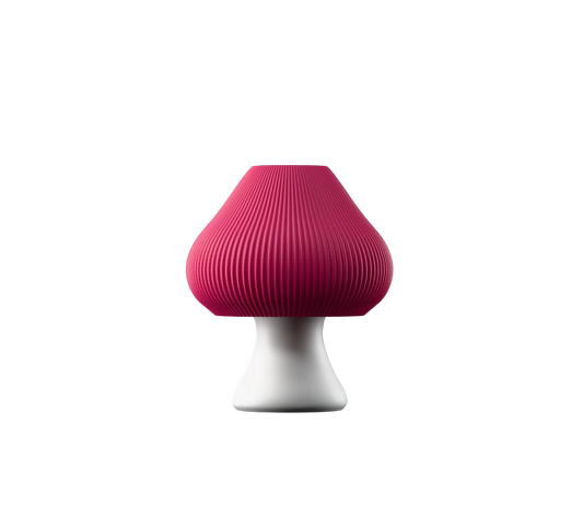 Mushlume Lamp - mushroom-shaped pink ribbed dome shade with white curved base