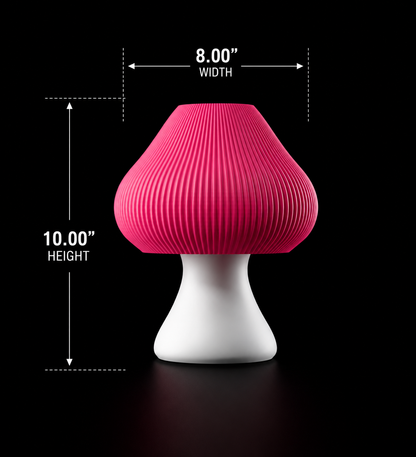 Pink mushroom-shaped lamp with measurements on a black background