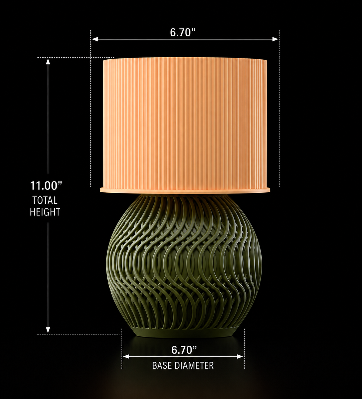 Table lamp with decorative base and peach shade, shown with measurements on a black background