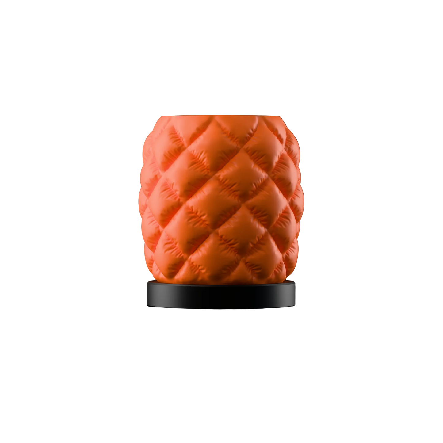 Orange quilted table lamp with diamond puffer pattern and black base