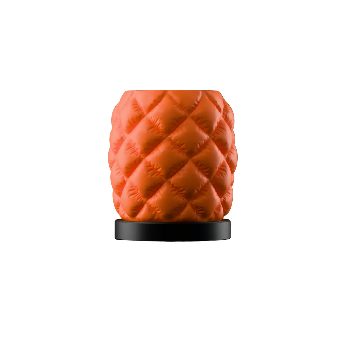 Orange quilted table lamp with diamond puffer pattern and black base