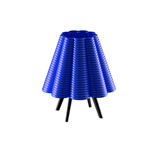 Blue lamp with a ribbed design on a white background