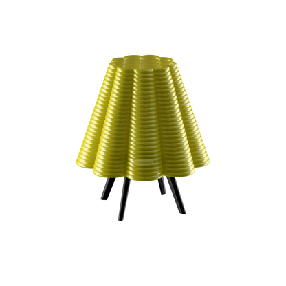 Ripple table lamp, yellow ribbed fluted shade with tripod stand