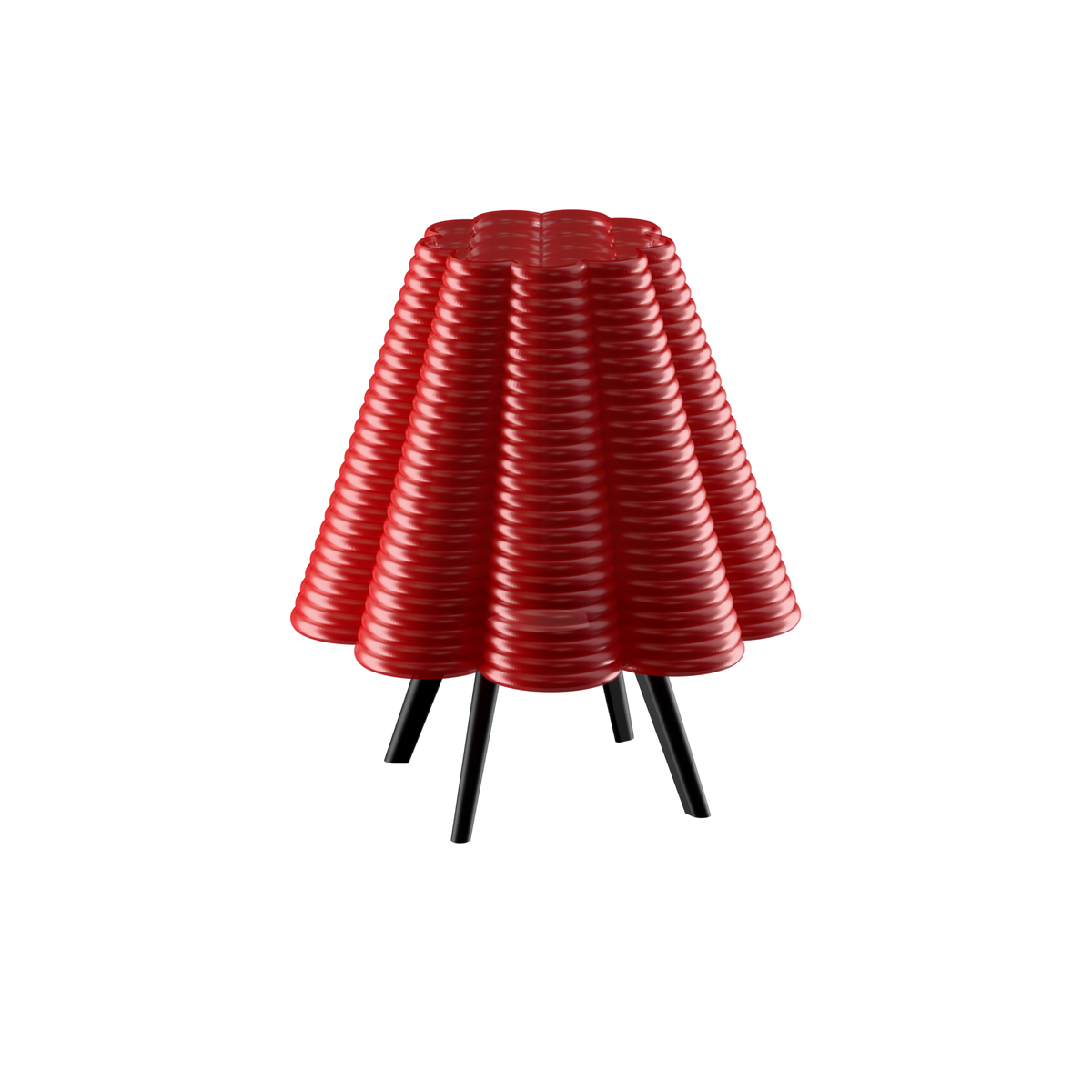 Red Ripple Lamp featuring ribbed accordion-pleated shade on tripod base