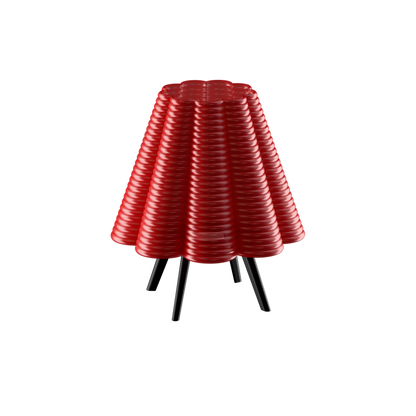 Red Ripple Lamp featuring ribbed accordion-pleated shade on tripod base
