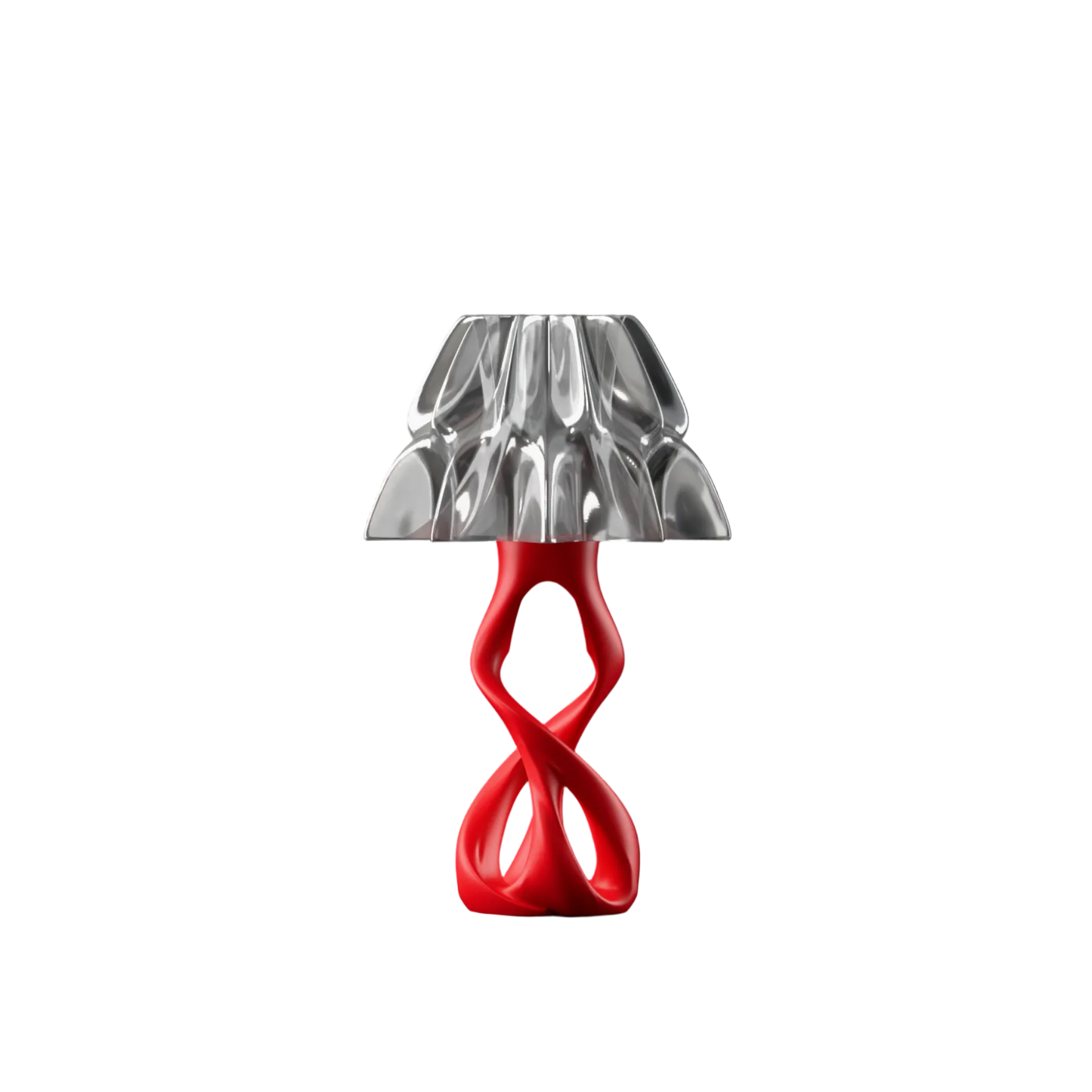 Table lamp with a red base and translucent lampshade on a white background
