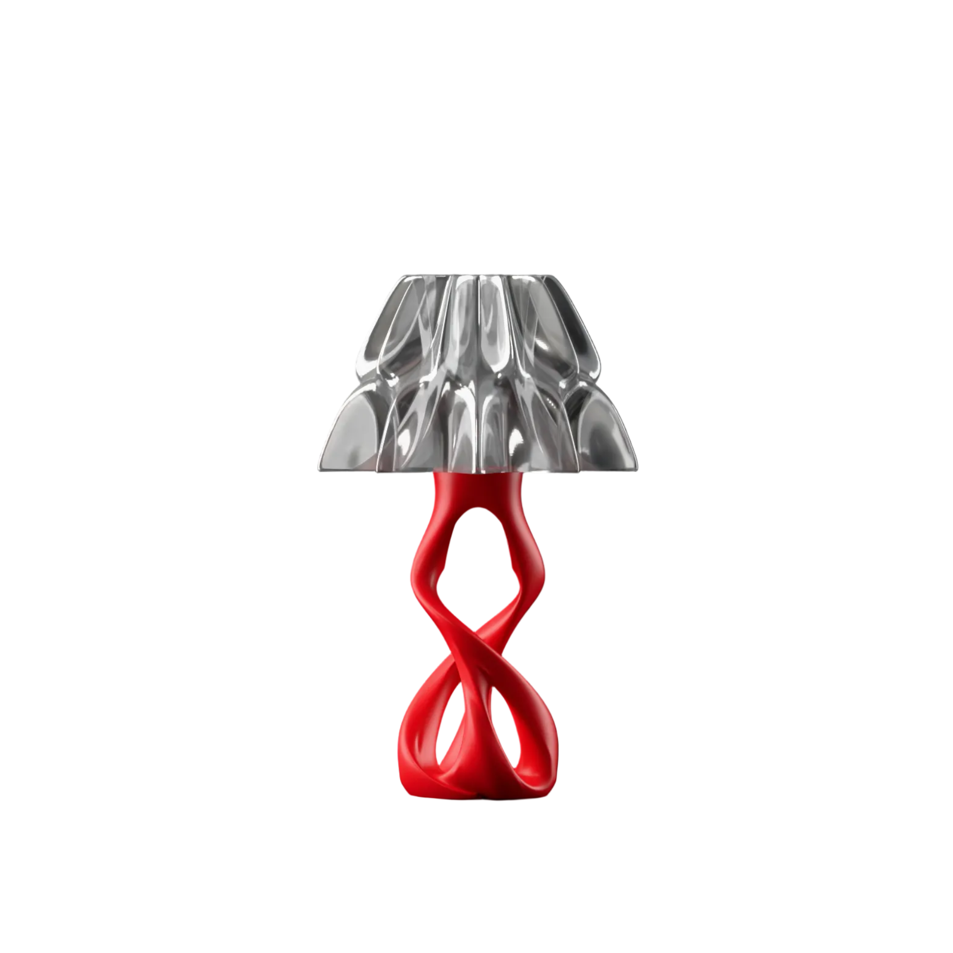 Table lamp with a red base and translucent lampshade on a white background