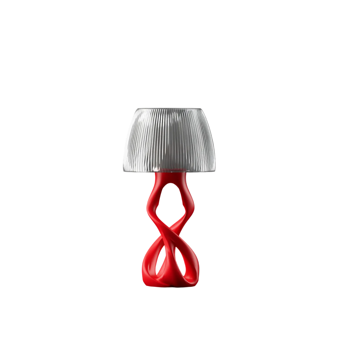 Modern table lamp with a red base and translucent shade on a white background
