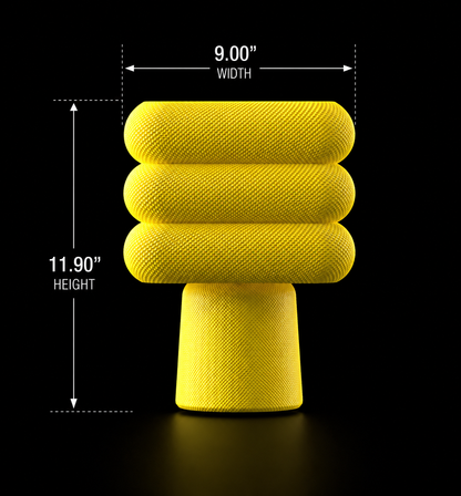 Yellow mesh textured lamp with dimensions labeled on a black background