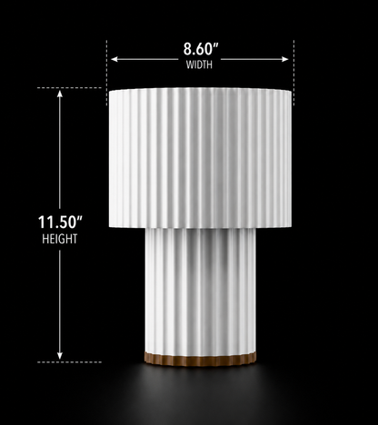 White Ribbed lamp with dimensions labeled on a black background