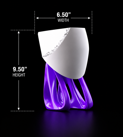 White and purple decorative lamp with measurements on a black background