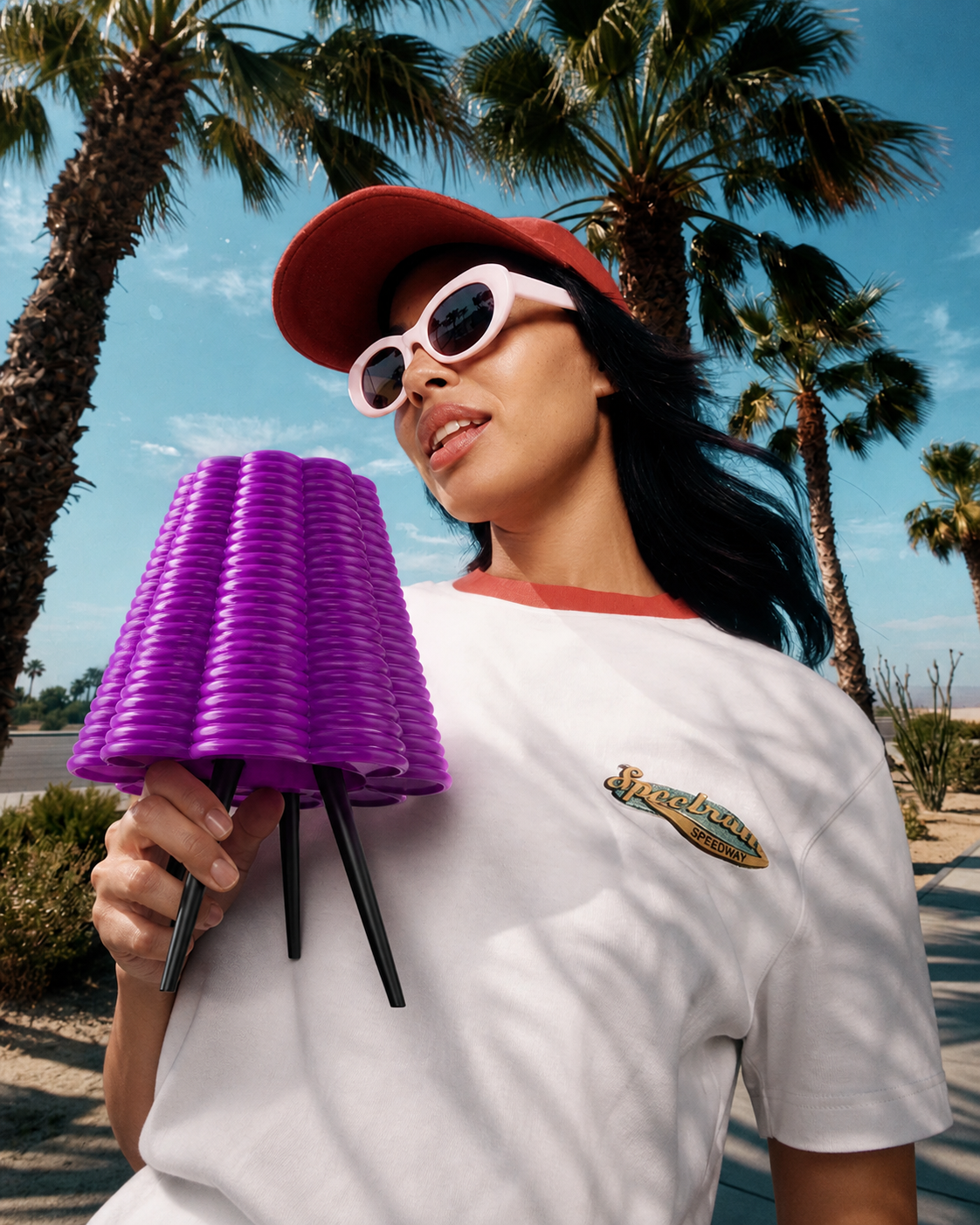 Woman holding a purple 3D-printed Ripple portable lamp with black tripod legs beneath palm trees.