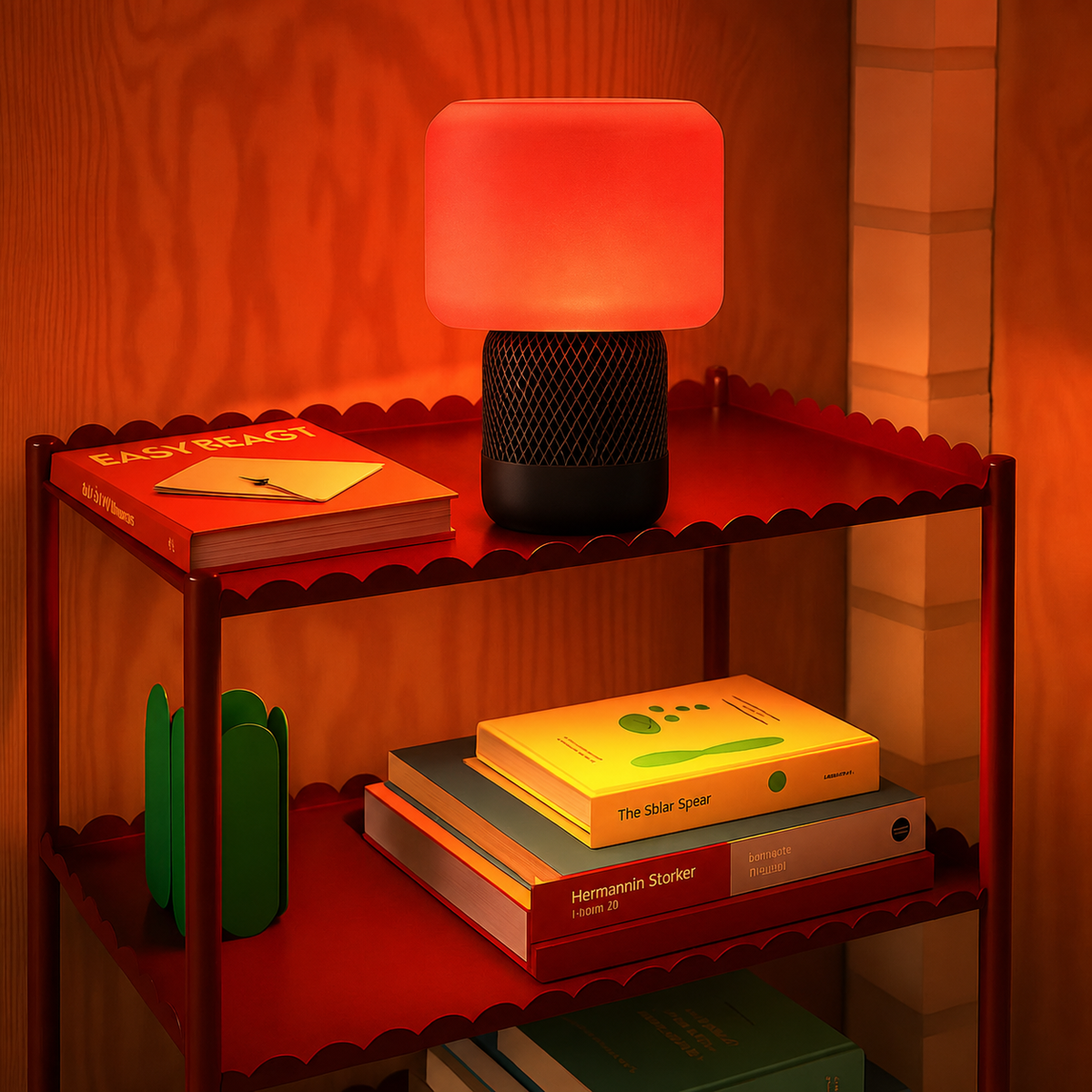 Lumo smart lamp glowing pink on a bedroom side table, creating a warm ambience in a modern, minimalist interior.