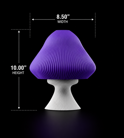 Purple mushroom-shaped lamp with measurements on a black background
