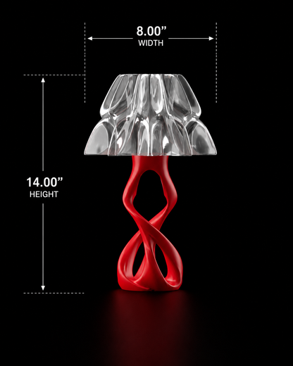 Table lamp with red base and translucent lampshade, shown with measurements on a black background