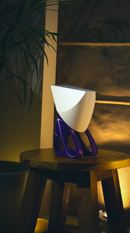 Zenith table lamp - white cut shade and twisted purple base in cozy interio
