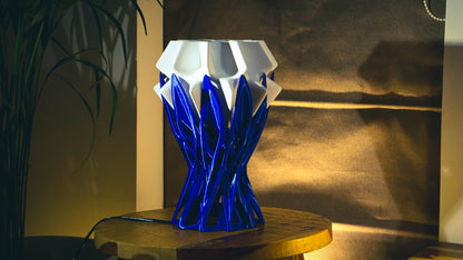 Blue and white decorative lamp on a wooden table with a plant in the background