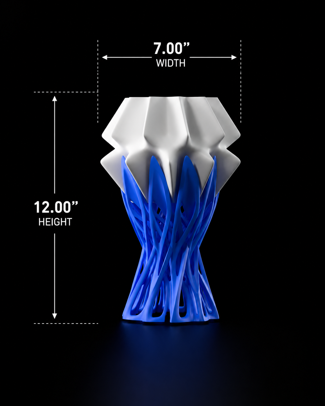 White and blue 3D-printed lamp with measurements on a black background