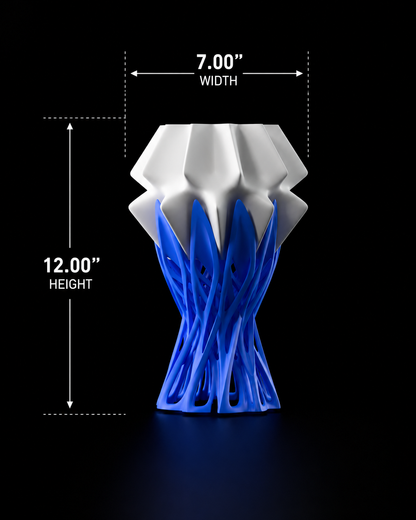 White and blue 3D-printed lamp with measurements on a black background